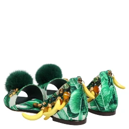 Green Mink Fur Satin Banana Leaf Sandals Shoes