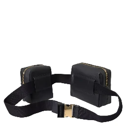 Black Calfskin Leather Double Waist Belt Fanny Pack Bag