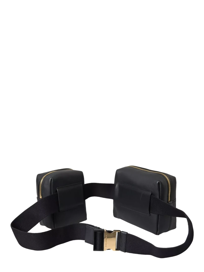 Black Calfskin Leather Double Waist Belt Fanny Pack Bag