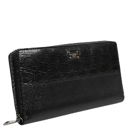 Black Leather Logo Plaque Zip Around Continental Wallet