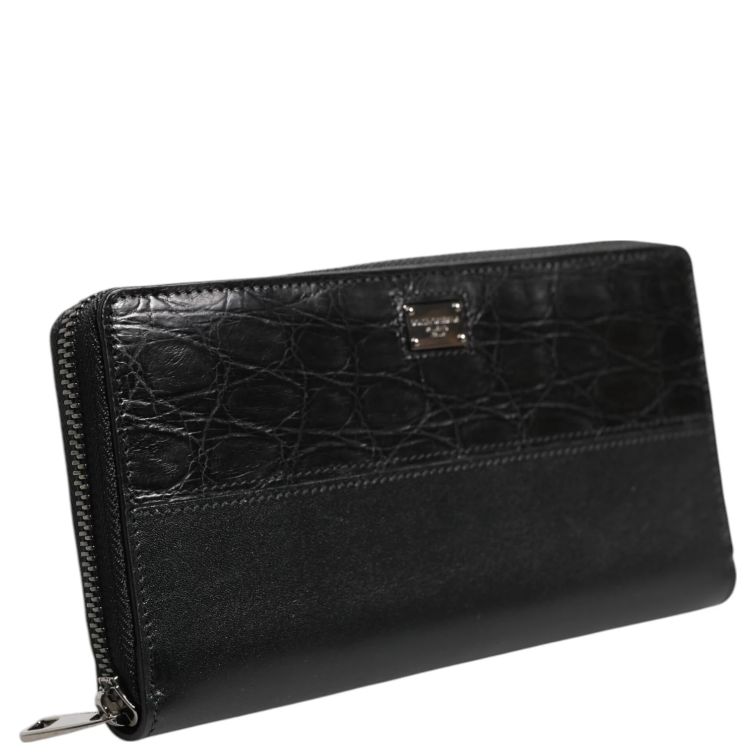 Black Leather Logo Plaque Zip Around Continental Wallet