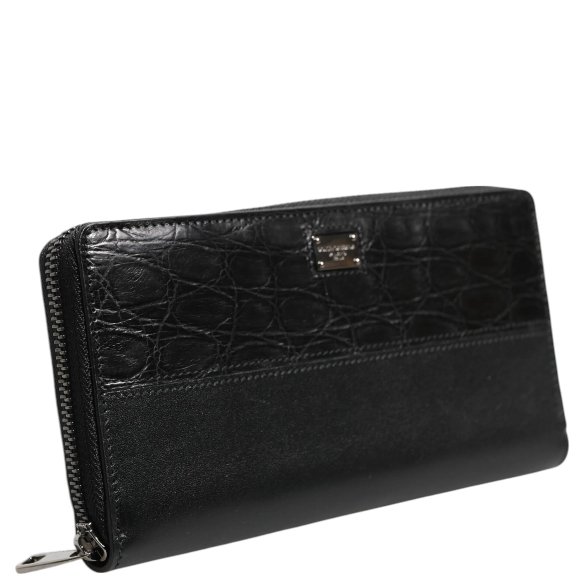 Black Leather Logo Plaque Zip Around Continental Wallet