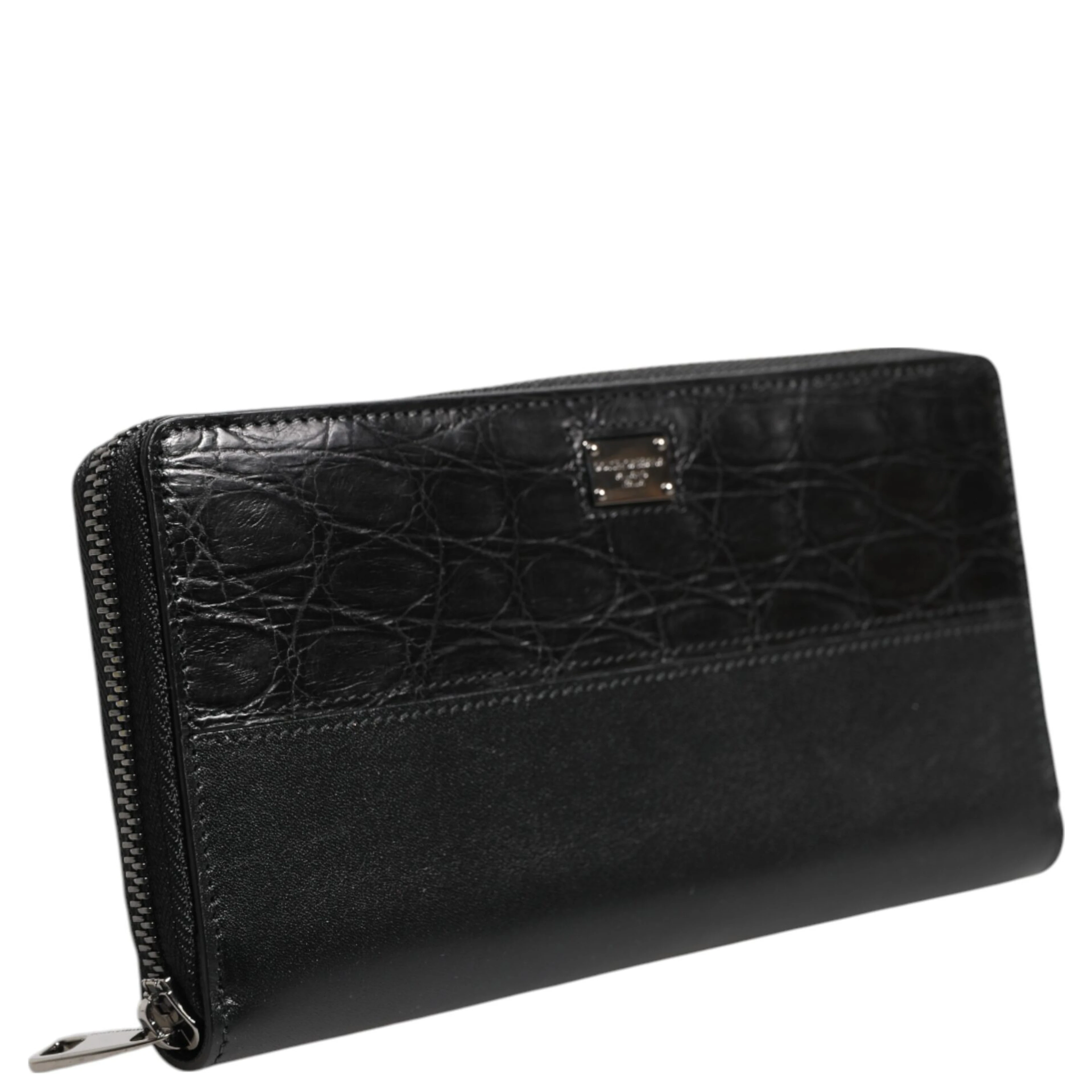 Black Leather Logo Plaque Zip Around Continental Wallet