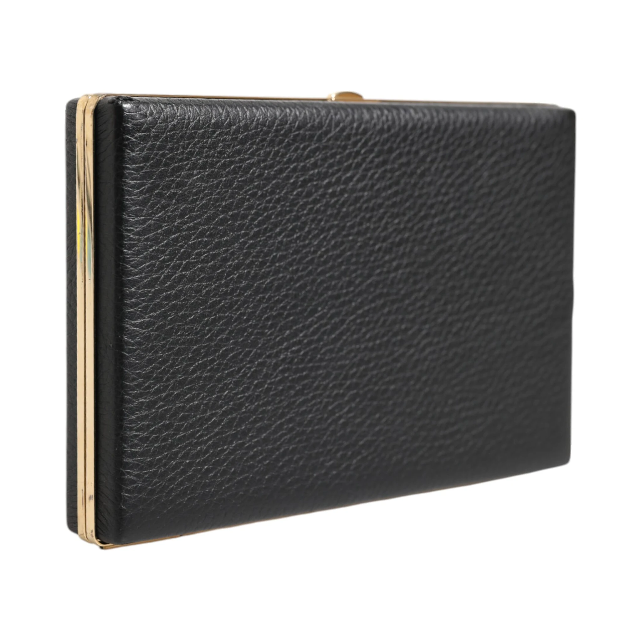 Black Leather Gold Frame Clutch Evening Party Purse Bag
