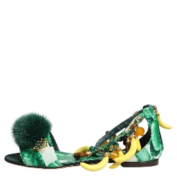 Green Mink Fur Satin Banana Leaf Sandals Shoes