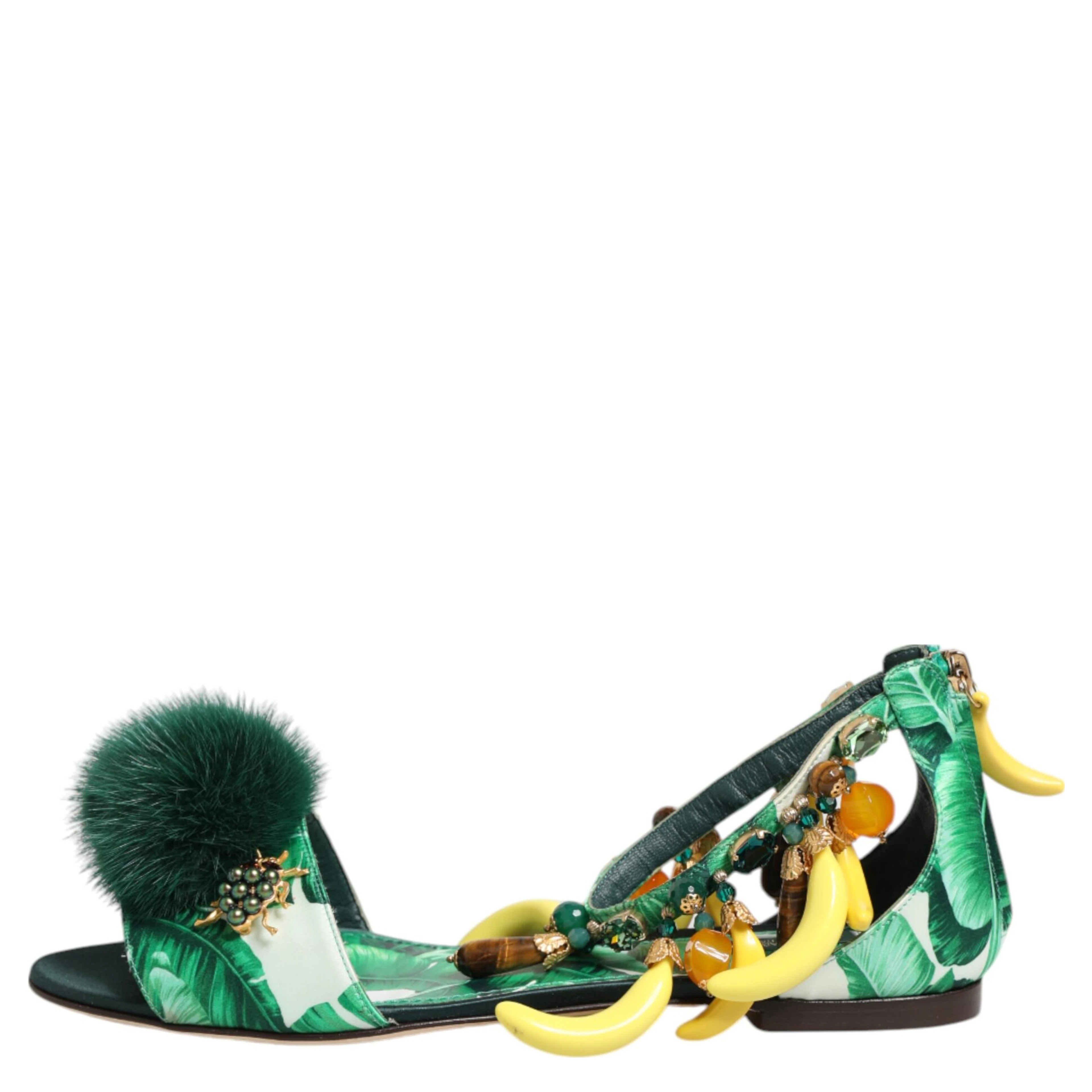 Green Mink Fur Satin Banana Leaf Sandals Shoes