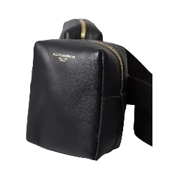 Black Calfskin Leather Double Waist Belt Fanny Pack Bag