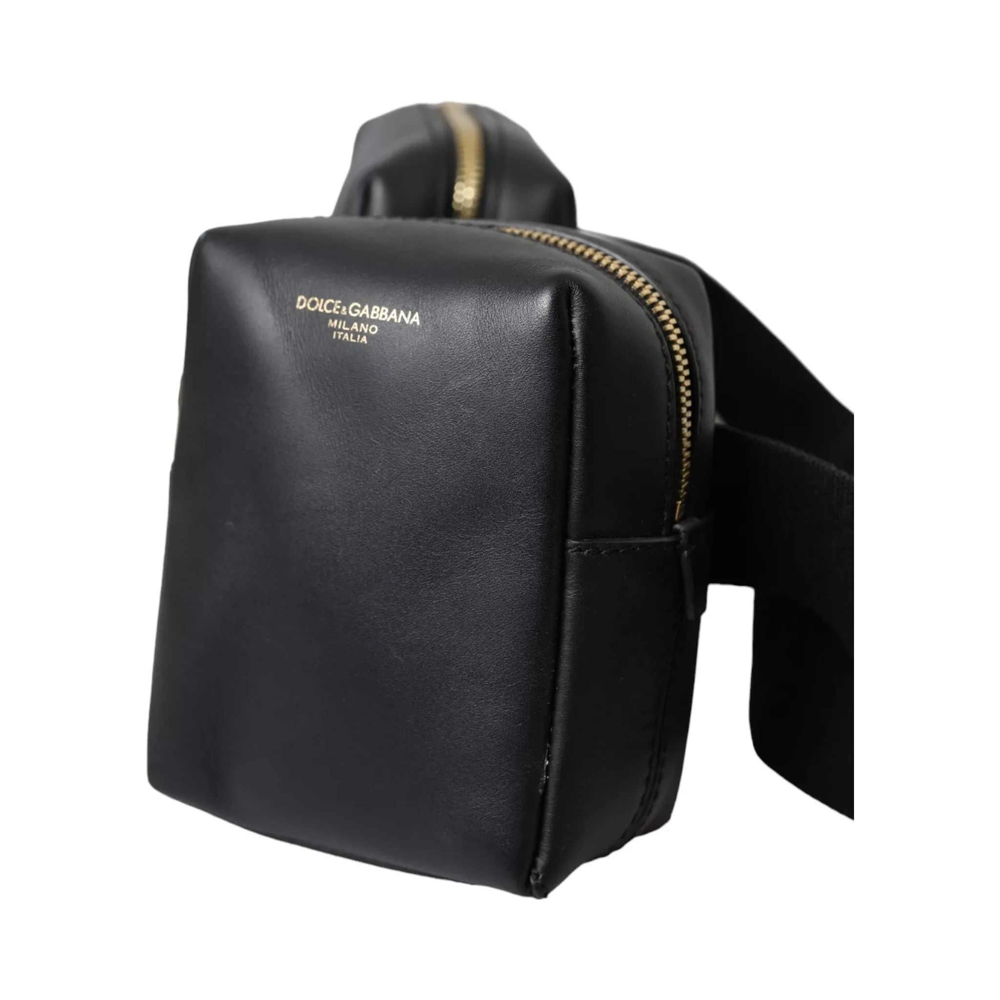 Black Calfskin Leather Double Waist Belt Fanny Pack Bag