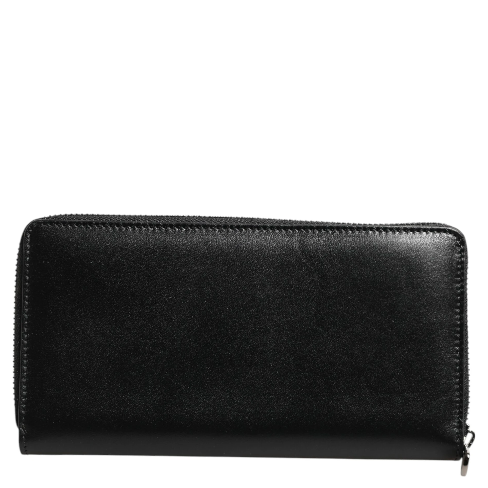 Black Leather Logo Plaque Zip Around Continental Wallet