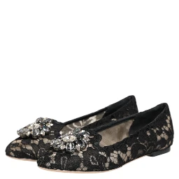 Black Taormina Lace Crystals Flats Shoes