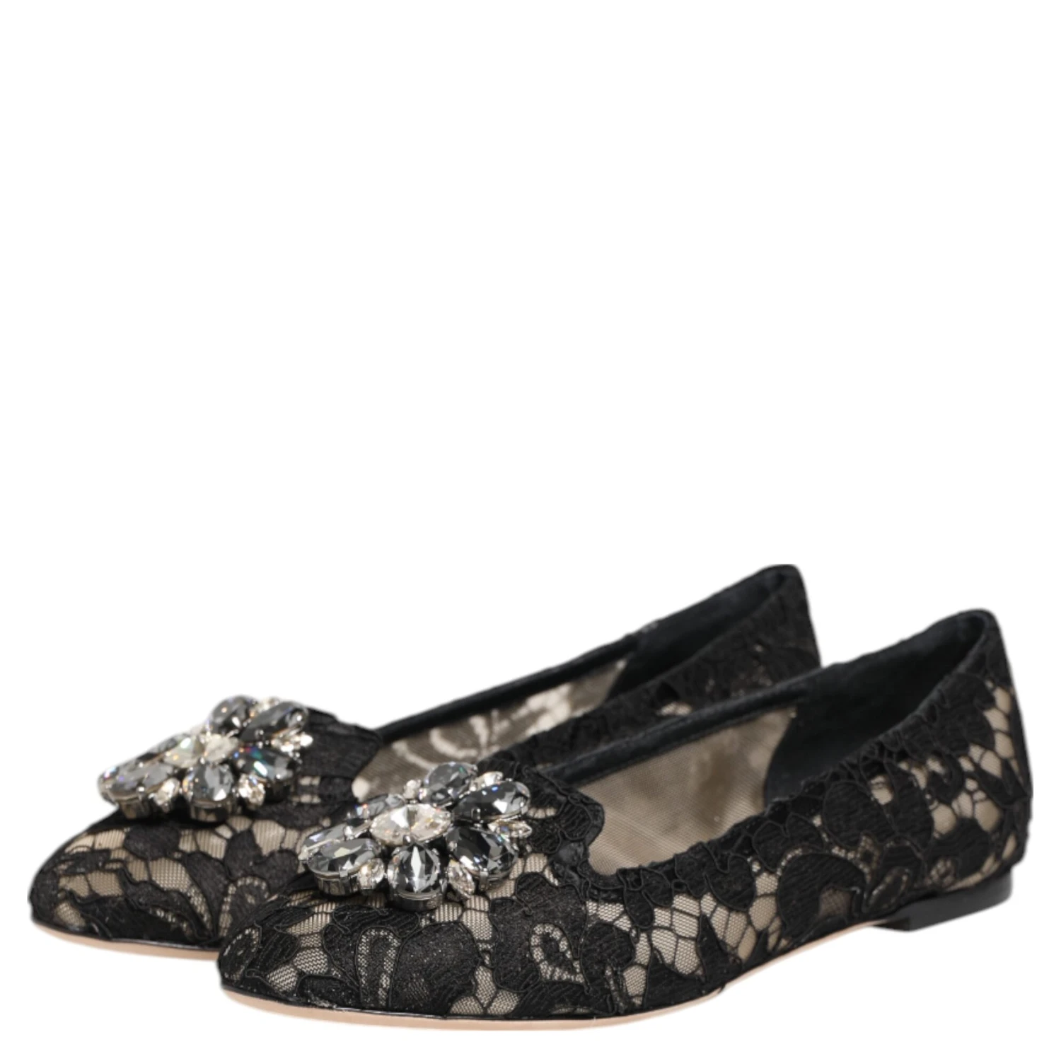Black Taormina Lace Crystals Flats Shoes