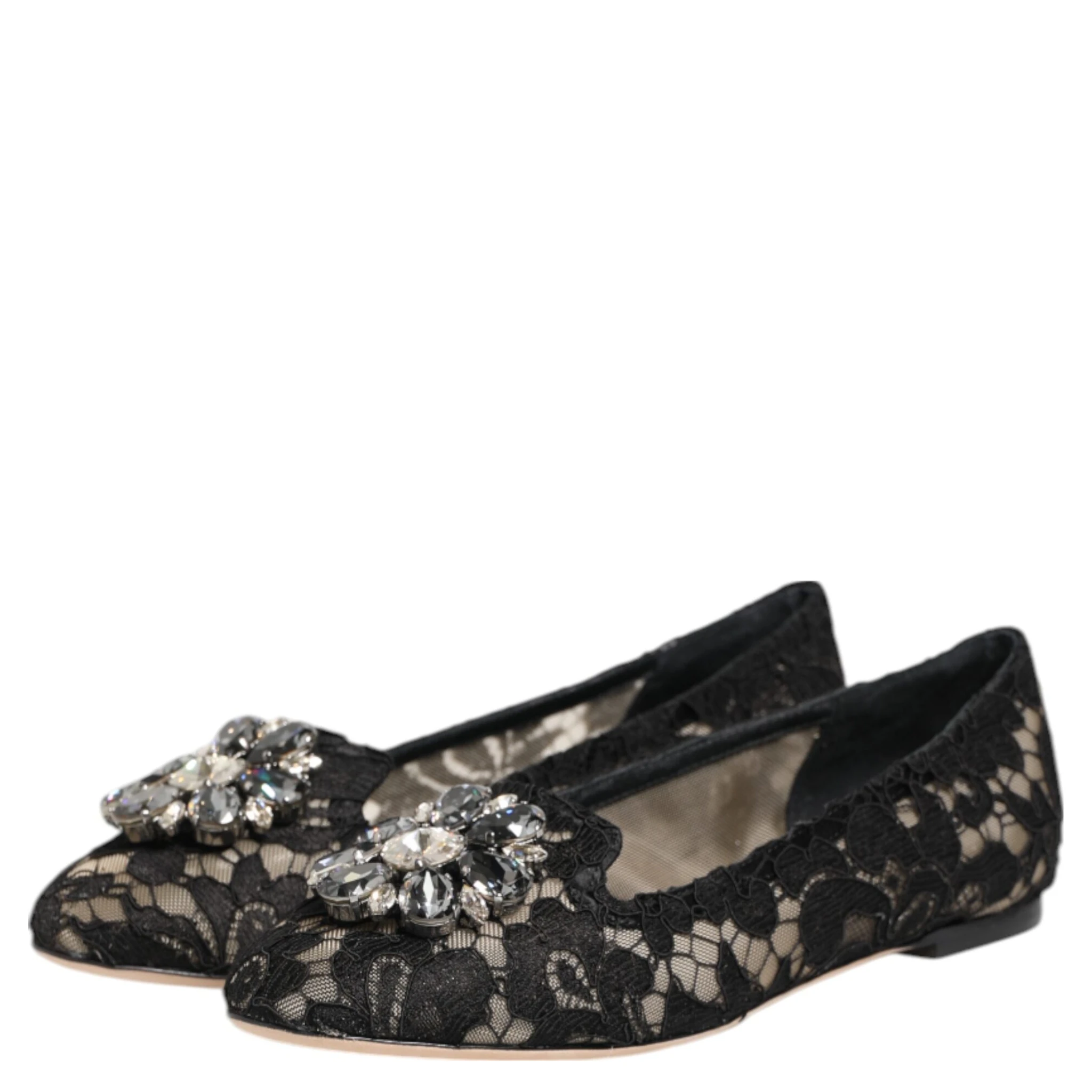 Black Taormina Lace Crystals Flats Shoes