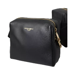 Black Calfskin Leather Double Waist Belt Fanny Pack Bag