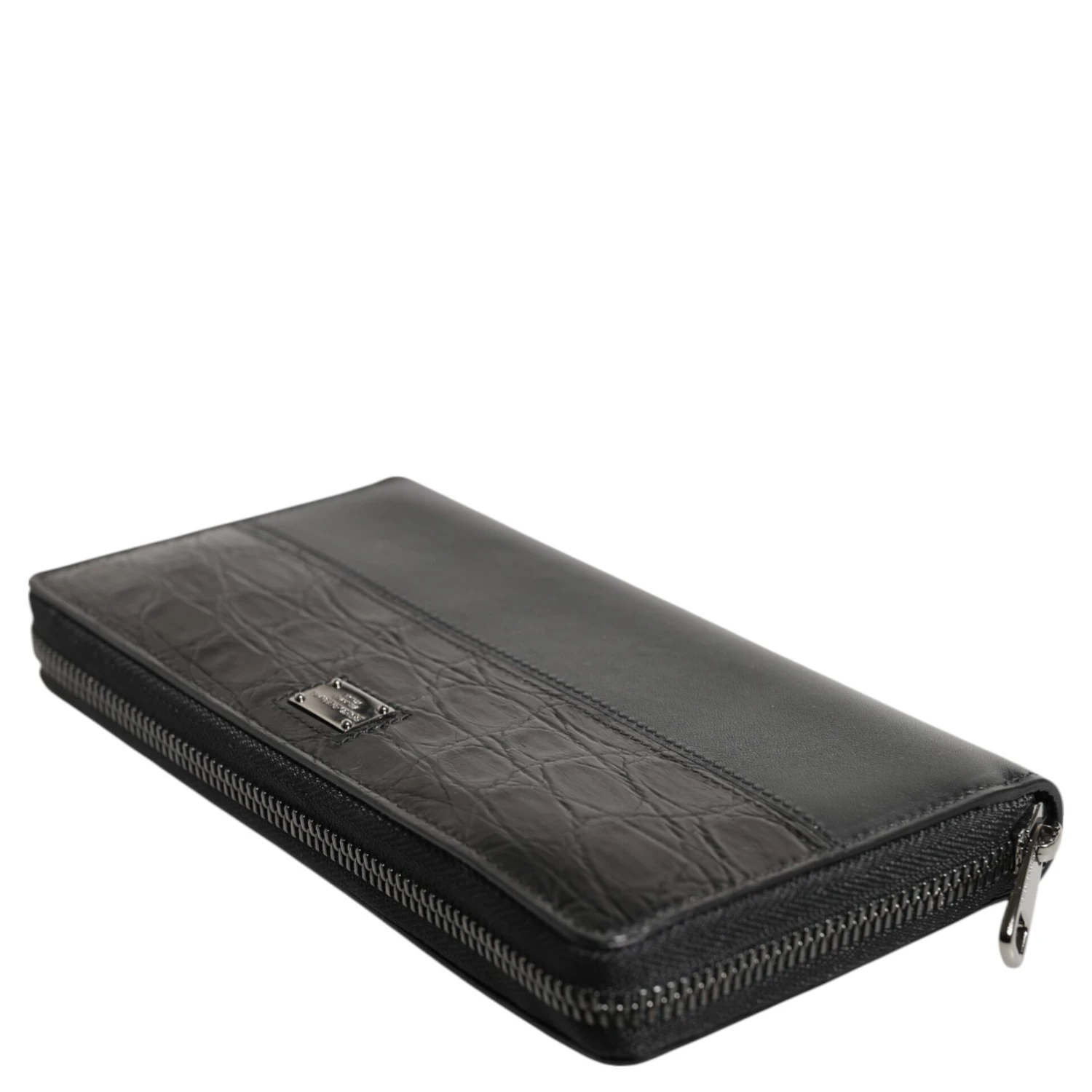 Black Leather Logo Plaque Zip Around Continental Wallet