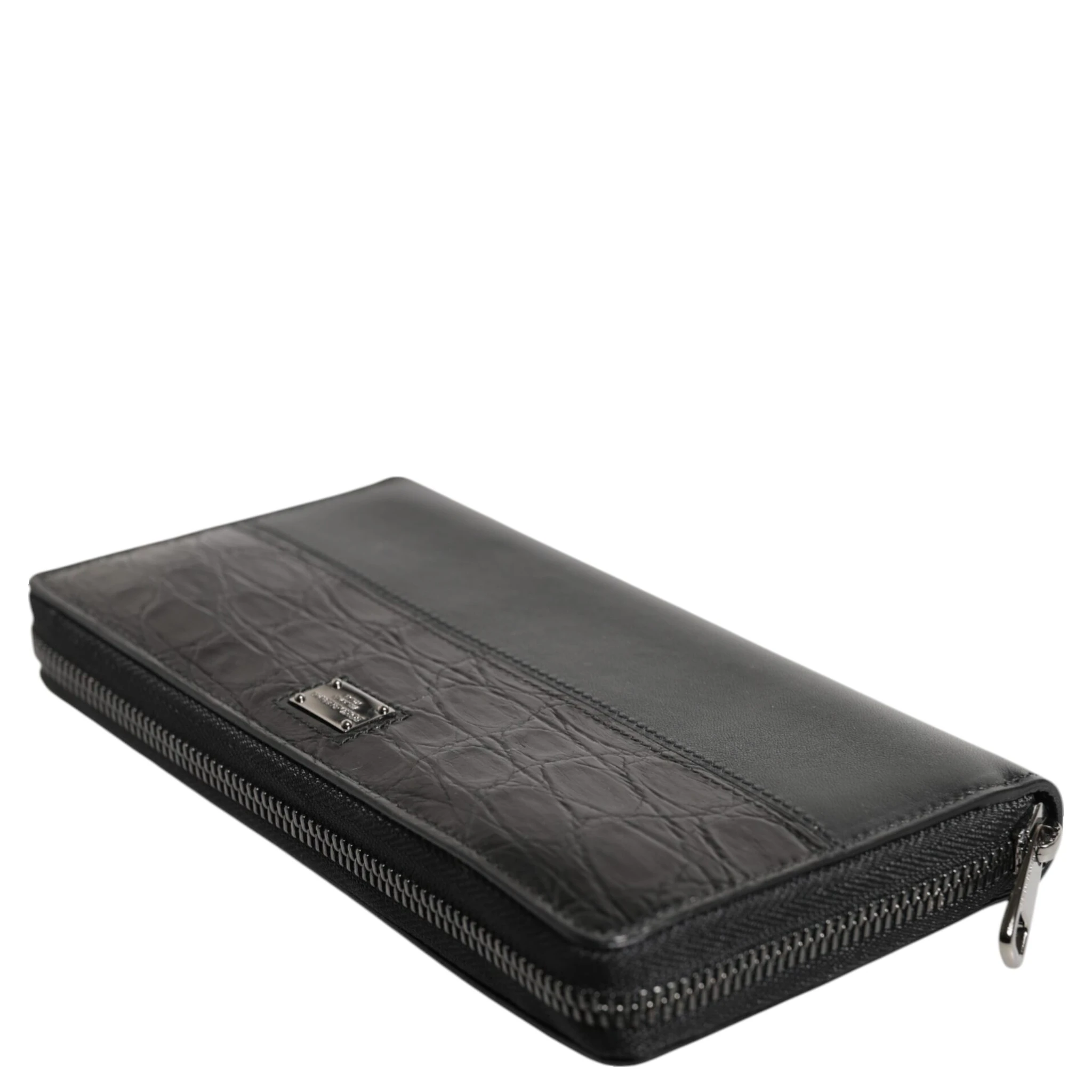 Black Leather Logo Plaque Zip Around Continental Wallet