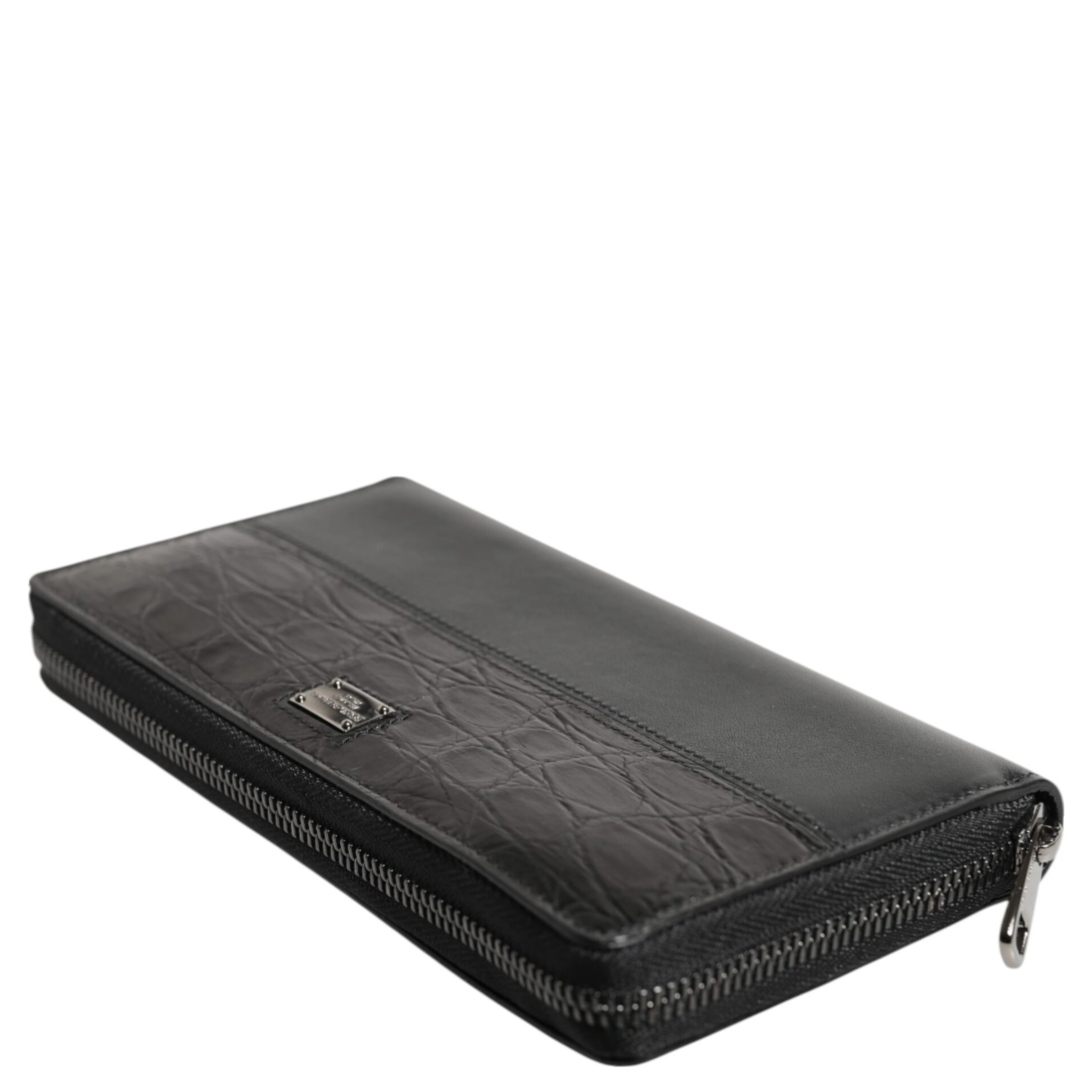 Black Leather Logo Plaque Zip Around Continental Wallet