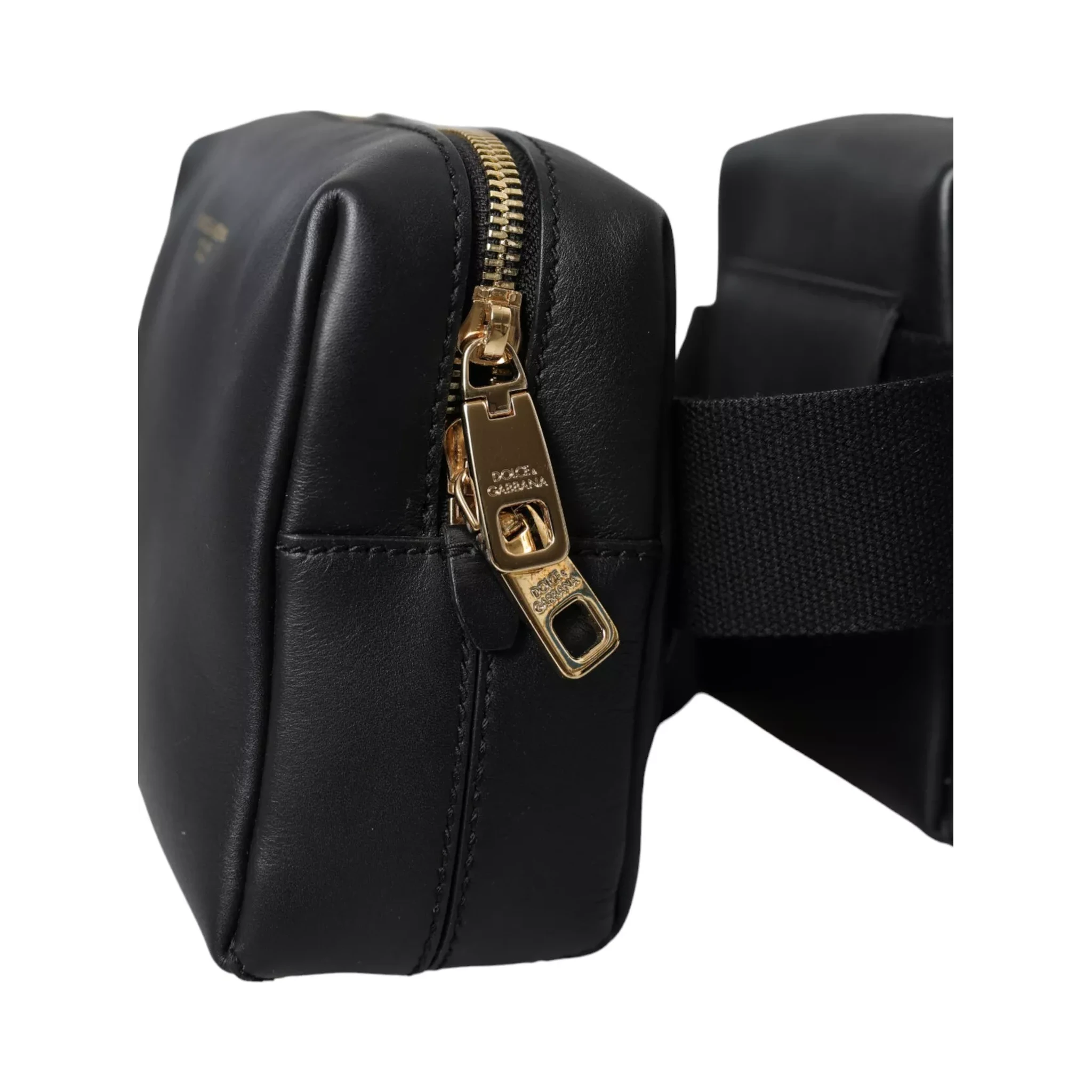 Black Calfskin Leather Double Waist Belt Fanny Pack Bag