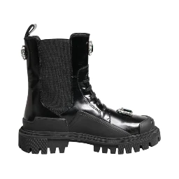 Black Crystal Embellished Combat Boots Shoes