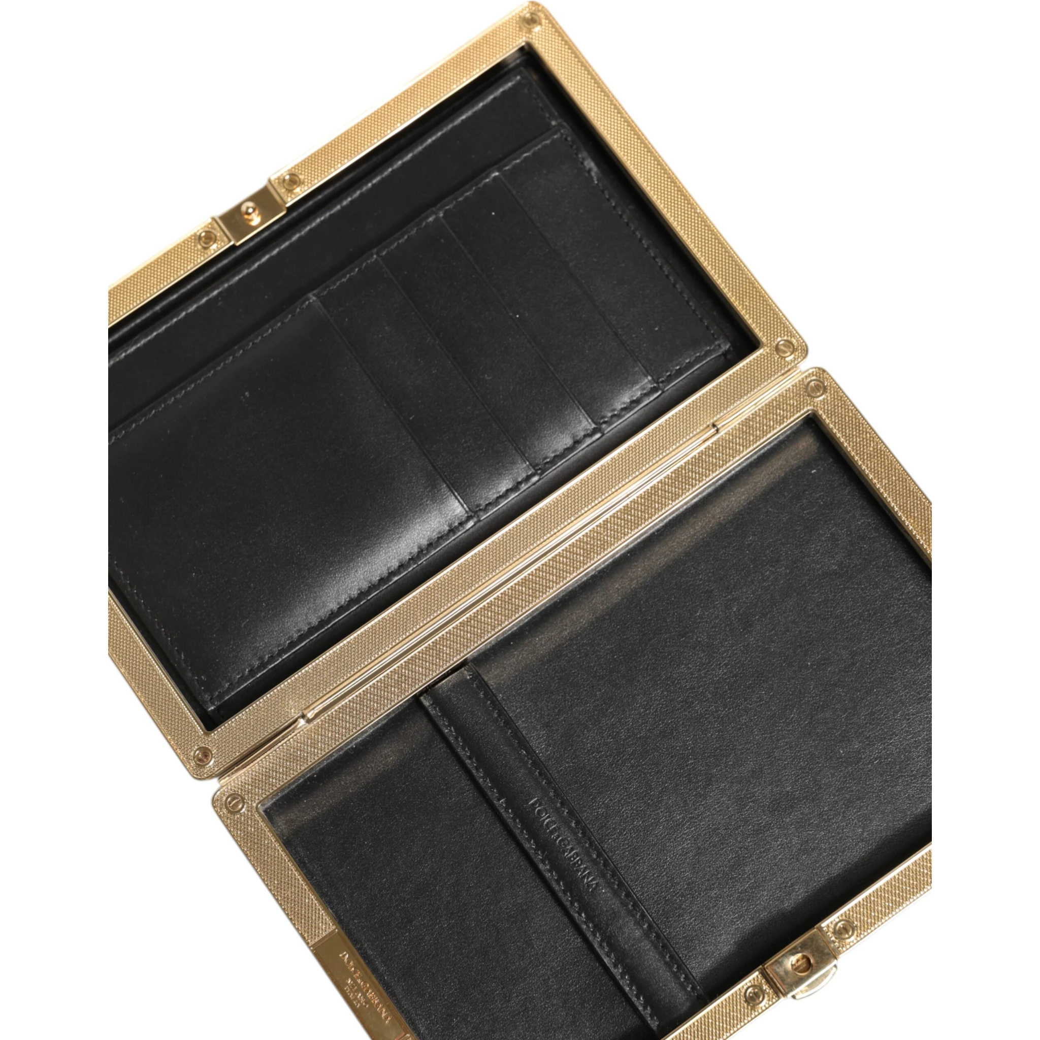 Black Leather Gold Frame Clutch Evening Party Purse Bag