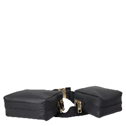 Black Calfskin Leather Double Waist Belt Fanny Pack Bag