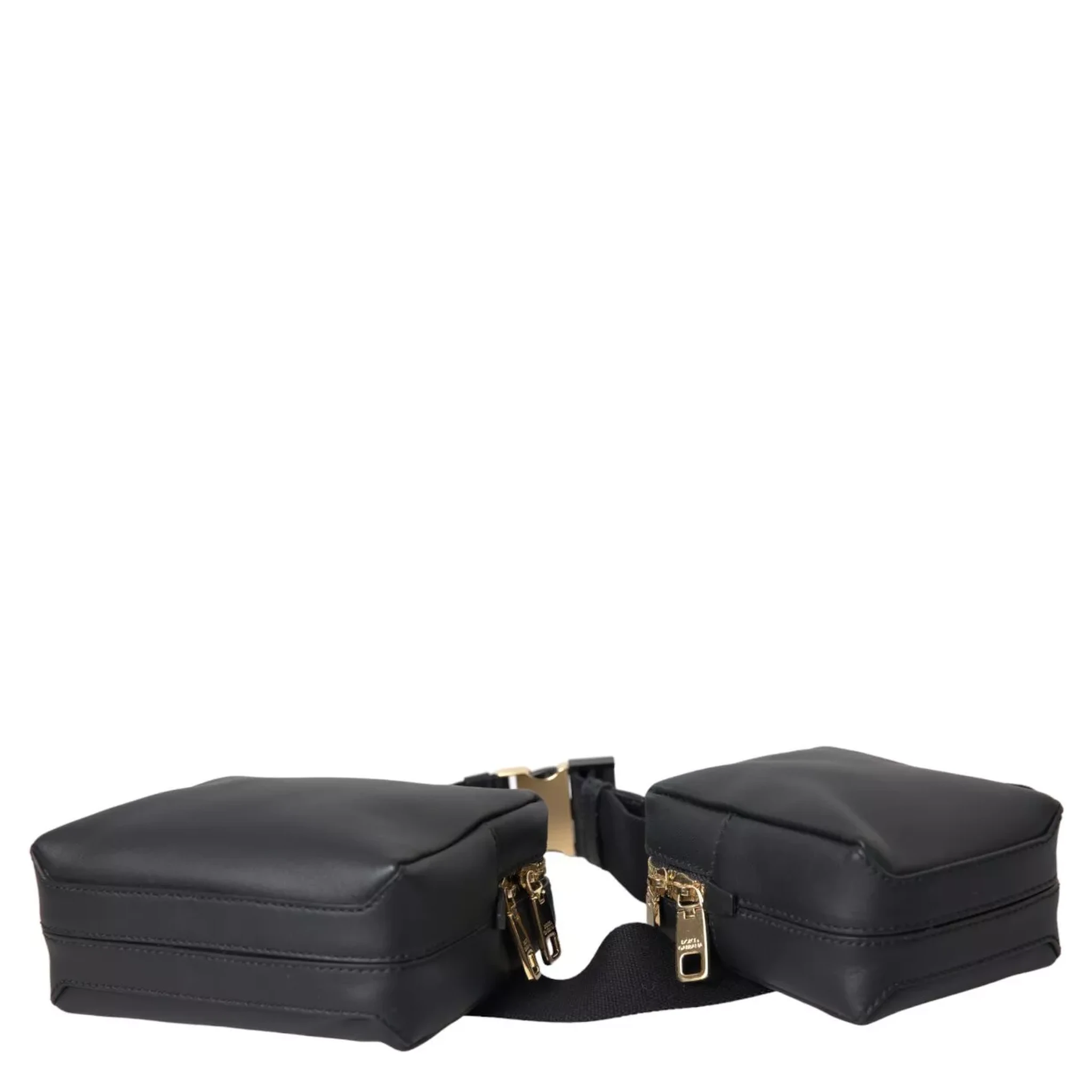 Black Calfskin Leather Double Waist Belt Fanny Pack Bag