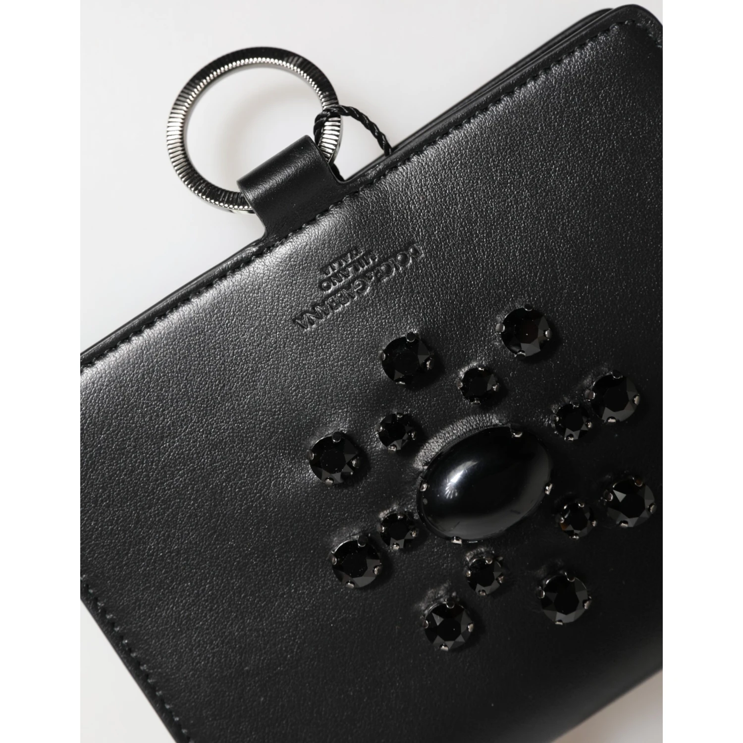 Black Leather Crystal Embellished Card Holder Wallet