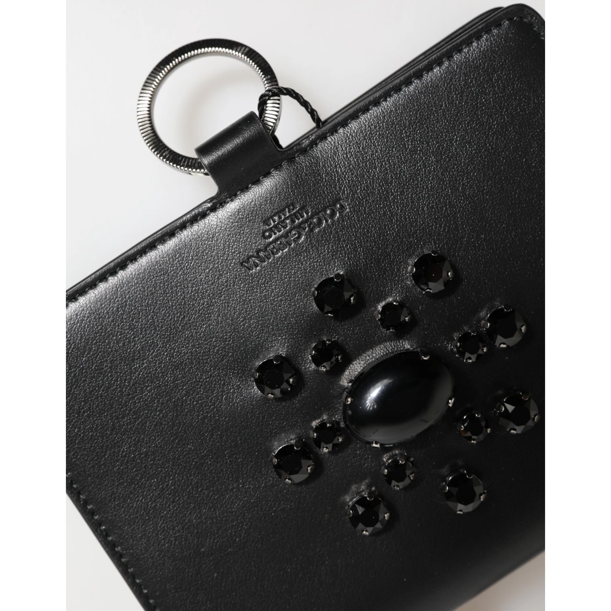 Black Leather Crystal Embellished Card Holder Wallet