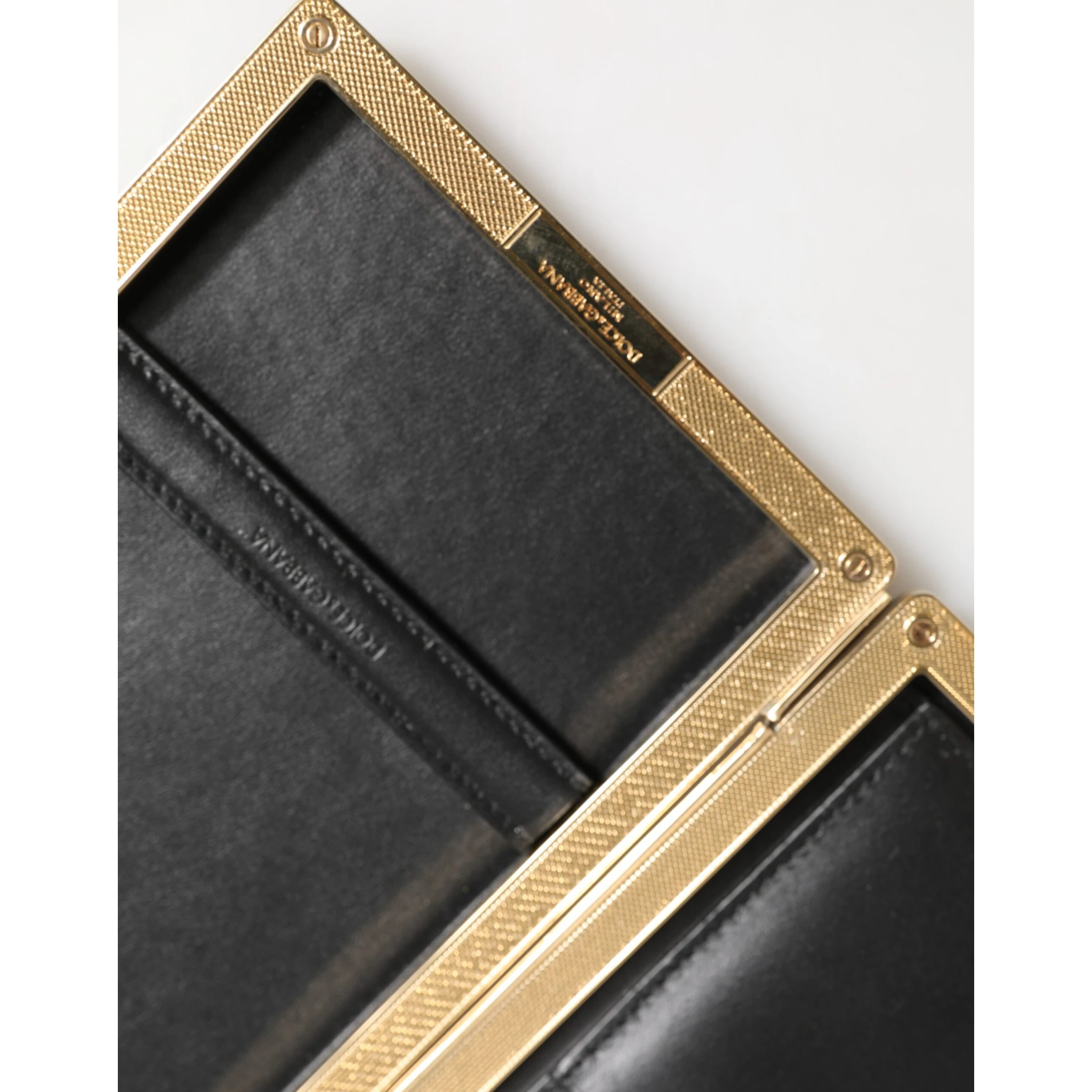 Black Leather Gold Frame Clutch Evening Party Purse Bag