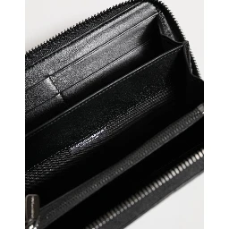 Black Leather Logo Plaque Zip Around Continental Wallet