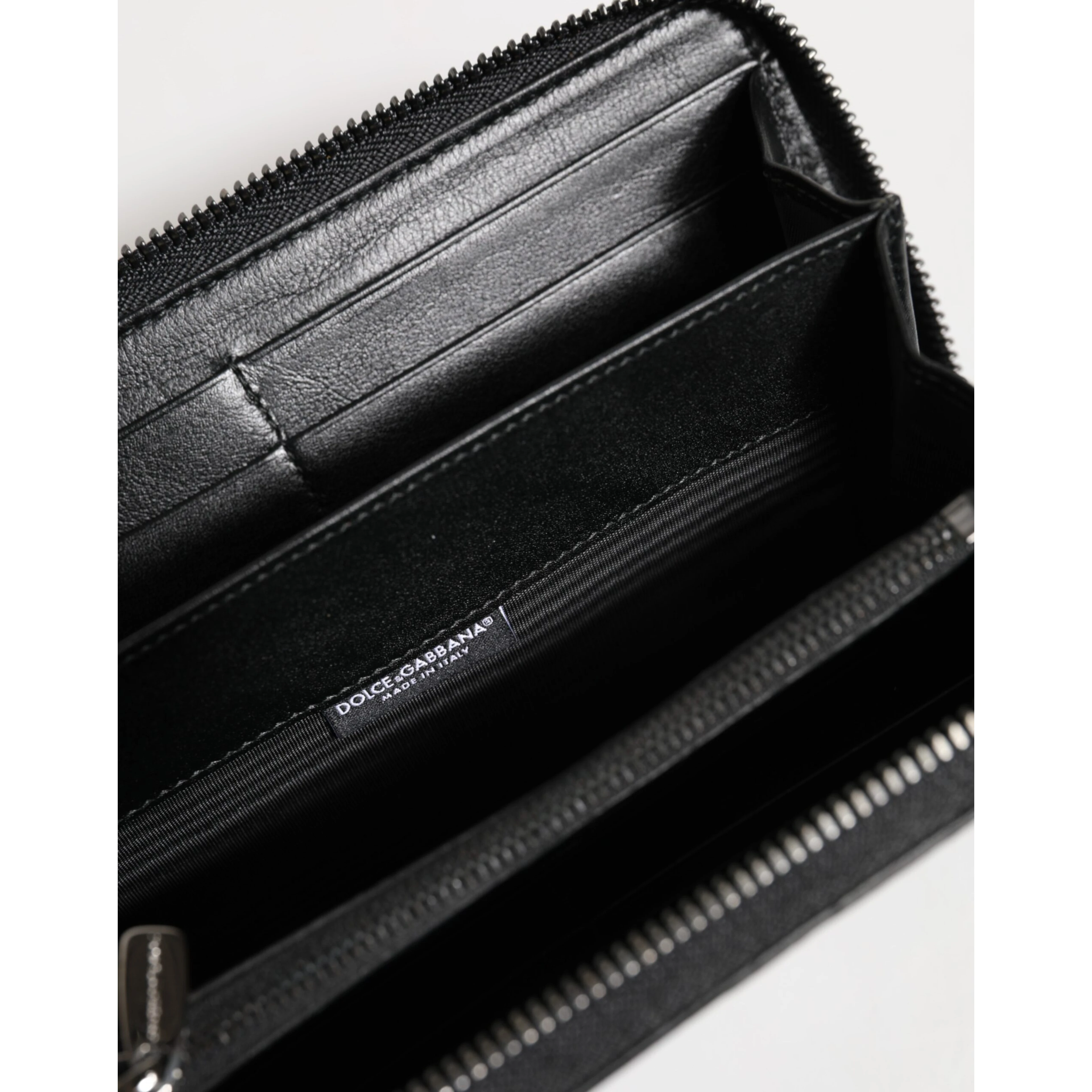 Black Leather Logo Plaque Zip Around Continental Wallet
