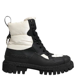 Black White Padded Mid Calf Lace Up Boots Shoes