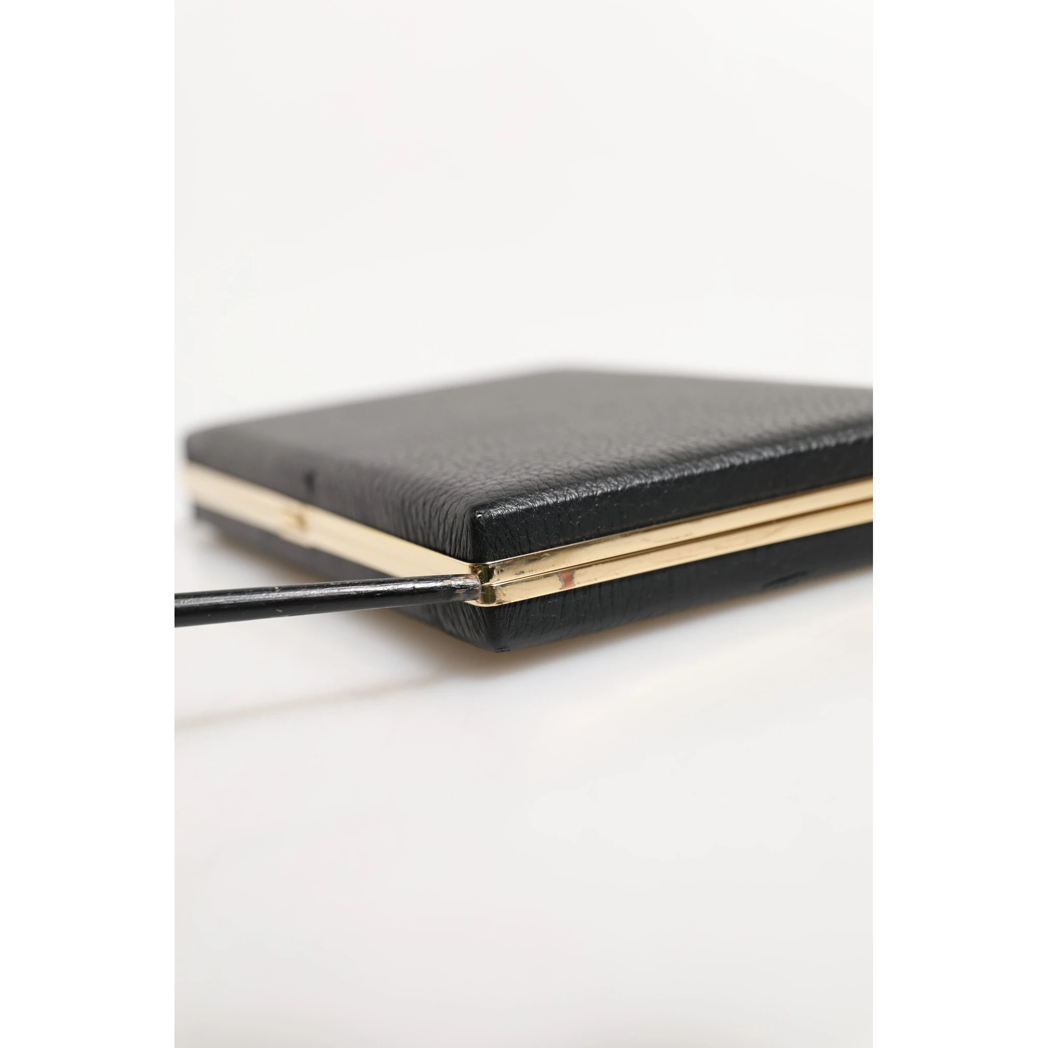 Black Leather Gold Frame Clutch Evening Party Purse Bag