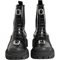 Black Crystal Embellished Combat Boots Shoes