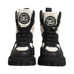 Black White Padded Mid Calf Lace Up Boots Shoes