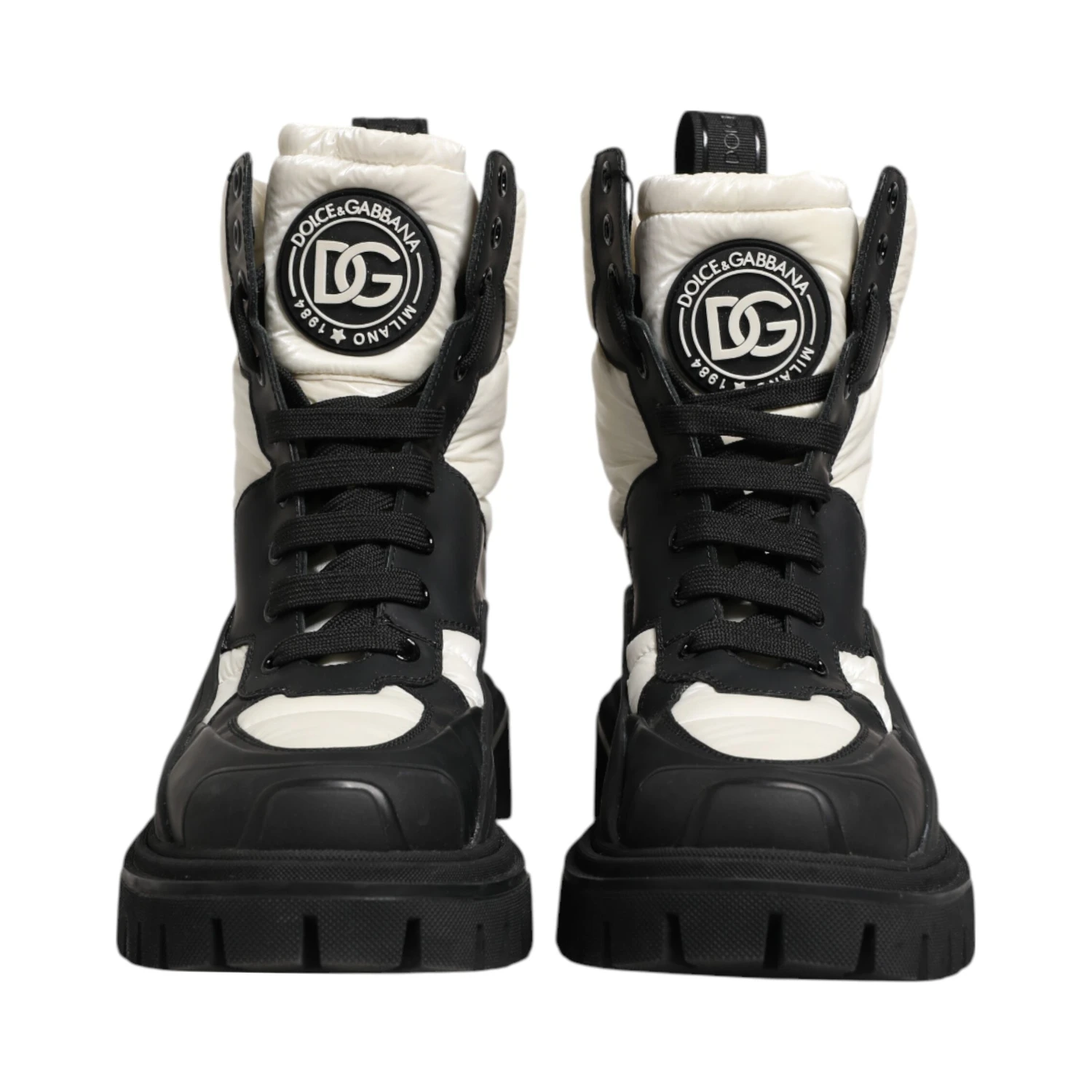 Black White Padded Mid Calf Lace Up Boots Shoes