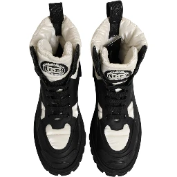 Black White Padded Mid Calf Lace Up Boots Shoes