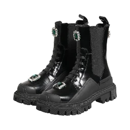 Black Crystal Embellished Combat Boots Shoes