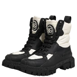 Black White Padded Mid Calf Lace Up Boots Shoes