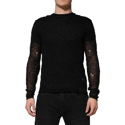 Black Linen Mesh Tattered Longsleeves T-shirt