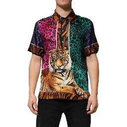 Multicolor Silk Tiger Print Hawaiian T-shirt
