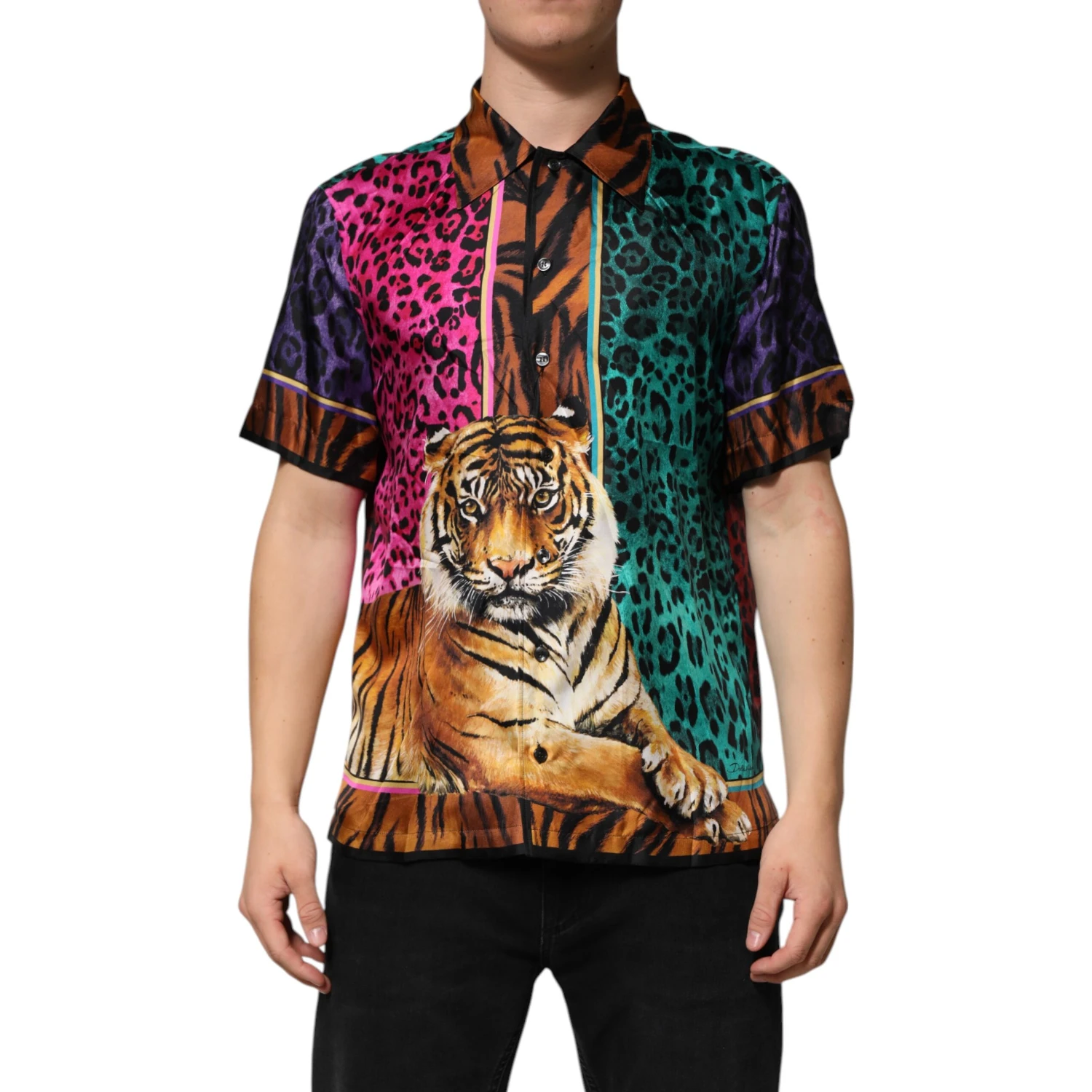 Multicolor Silk Tiger Print Hawaiian T-shirt