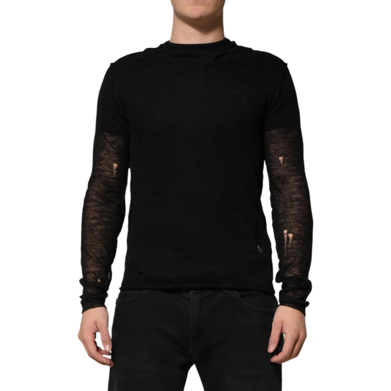 Black Linen Mesh Tattered Longsleeves T-shirt