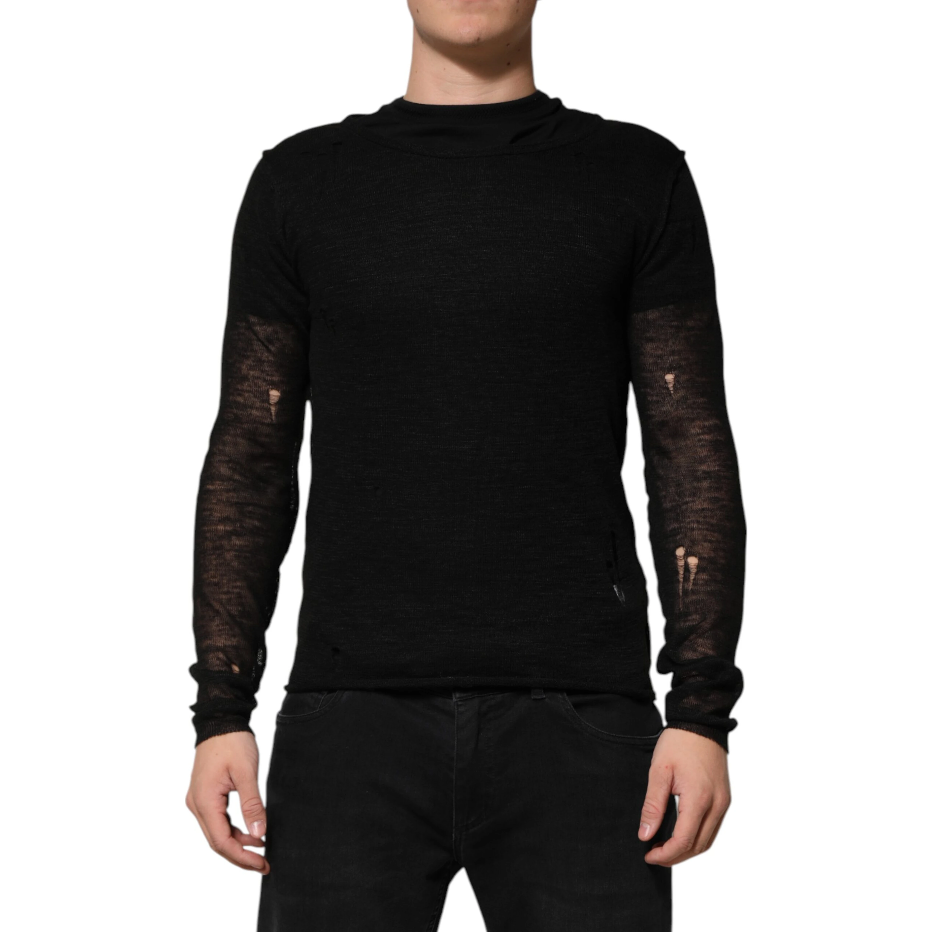 Black Linen Mesh Tattered Longsleeves T-shirt