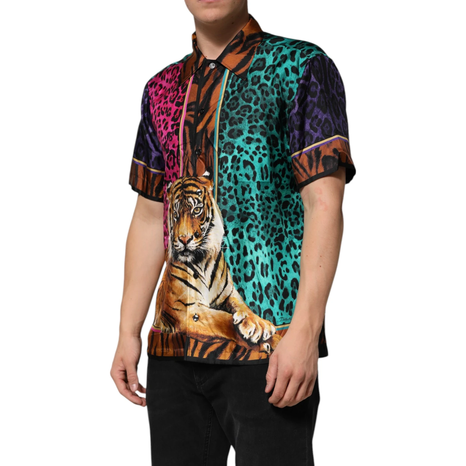 Multicolor Silk Tiger Print Hawaiian T-shirt