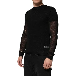 Black Linen Mesh Tattered Longsleeves T-shirt