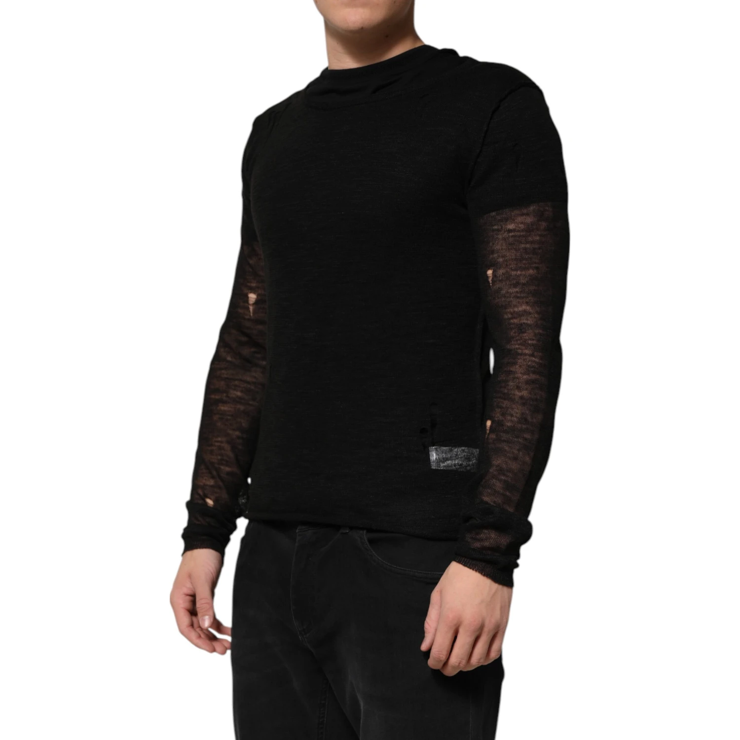 Black Linen Mesh Tattered Longsleeves T-shirt