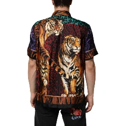 Multicolor Silk Tiger Print Hawaiian T-shirt