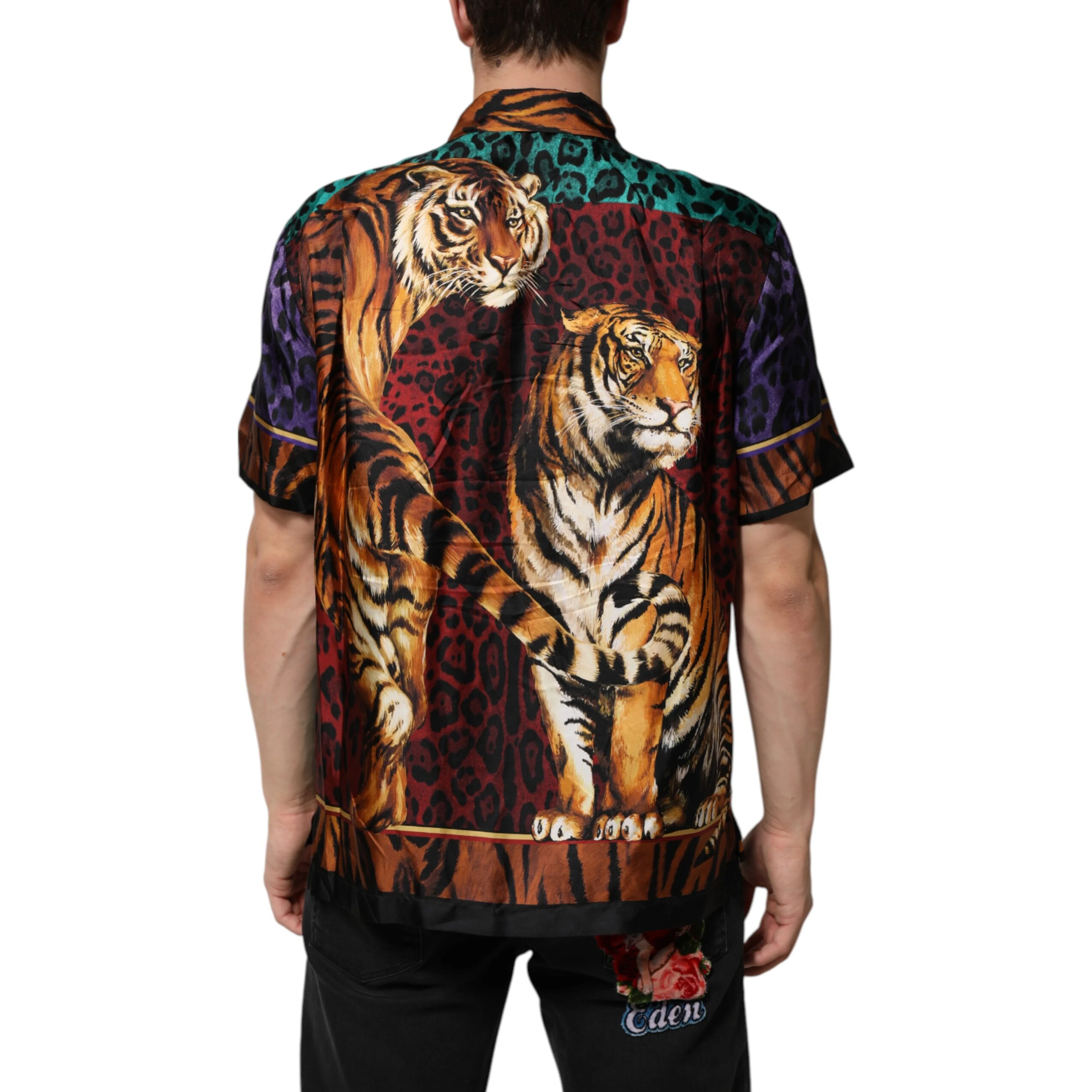 Multicolor Silk Tiger Print Hawaiian T-shirt
