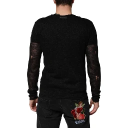 Black Linen Mesh Tattered Longsleeves T-shirt