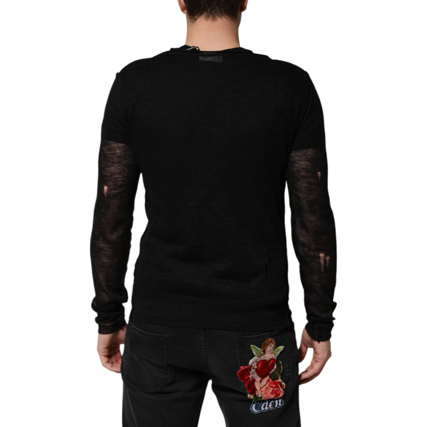Black Linen Mesh Tattered Longsleeves T-shirt